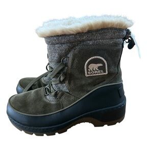 Sorel Women’s Tivoli III Waterproof Suede Green Grey Snow Boots Size 7